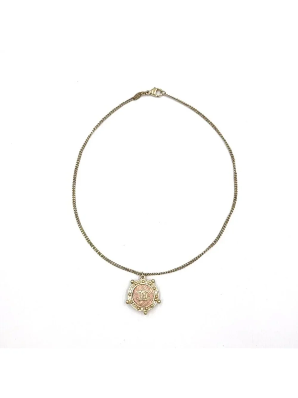 Chanel CC Logo Metiers D'art Rhinestone Clear Gold Light Pink Necklace